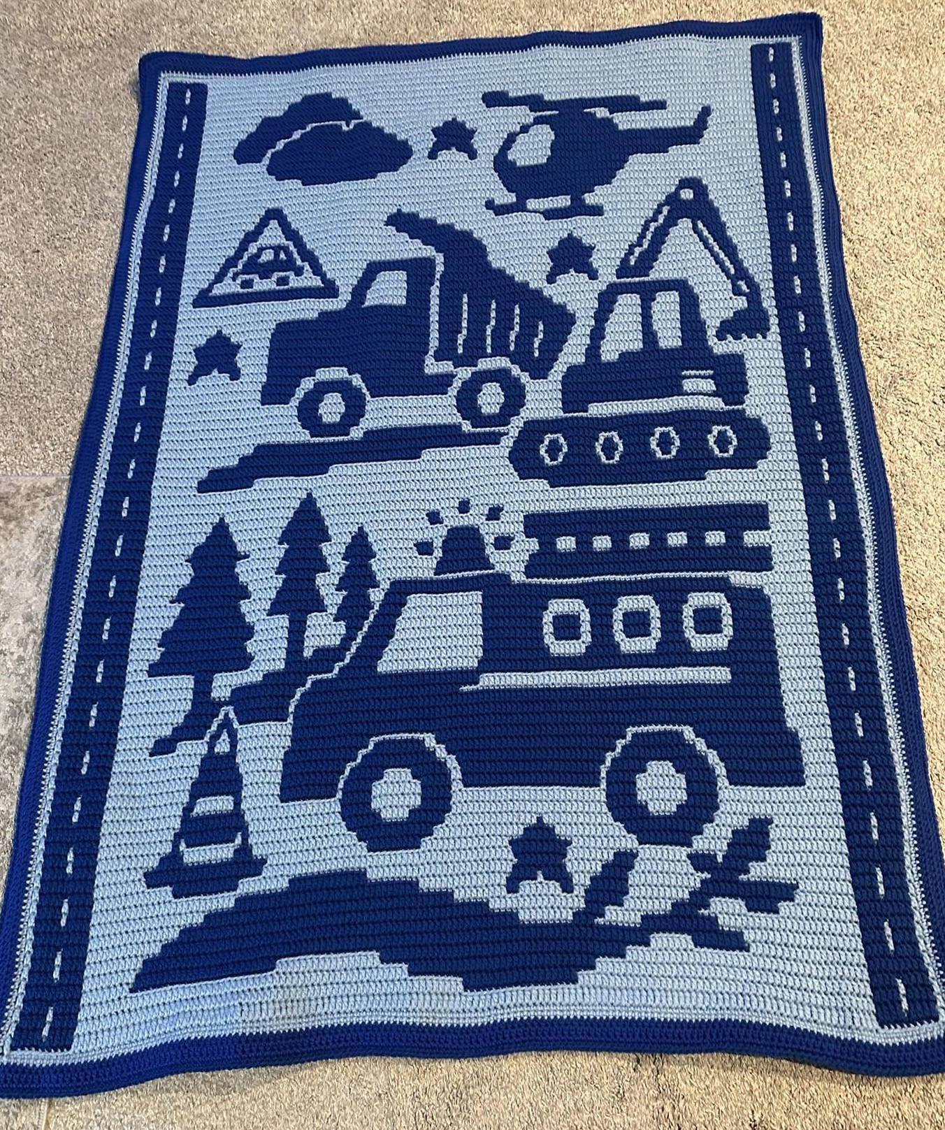 Big Construction Trucks Mosaic Crochet Baby Blanket Pattern